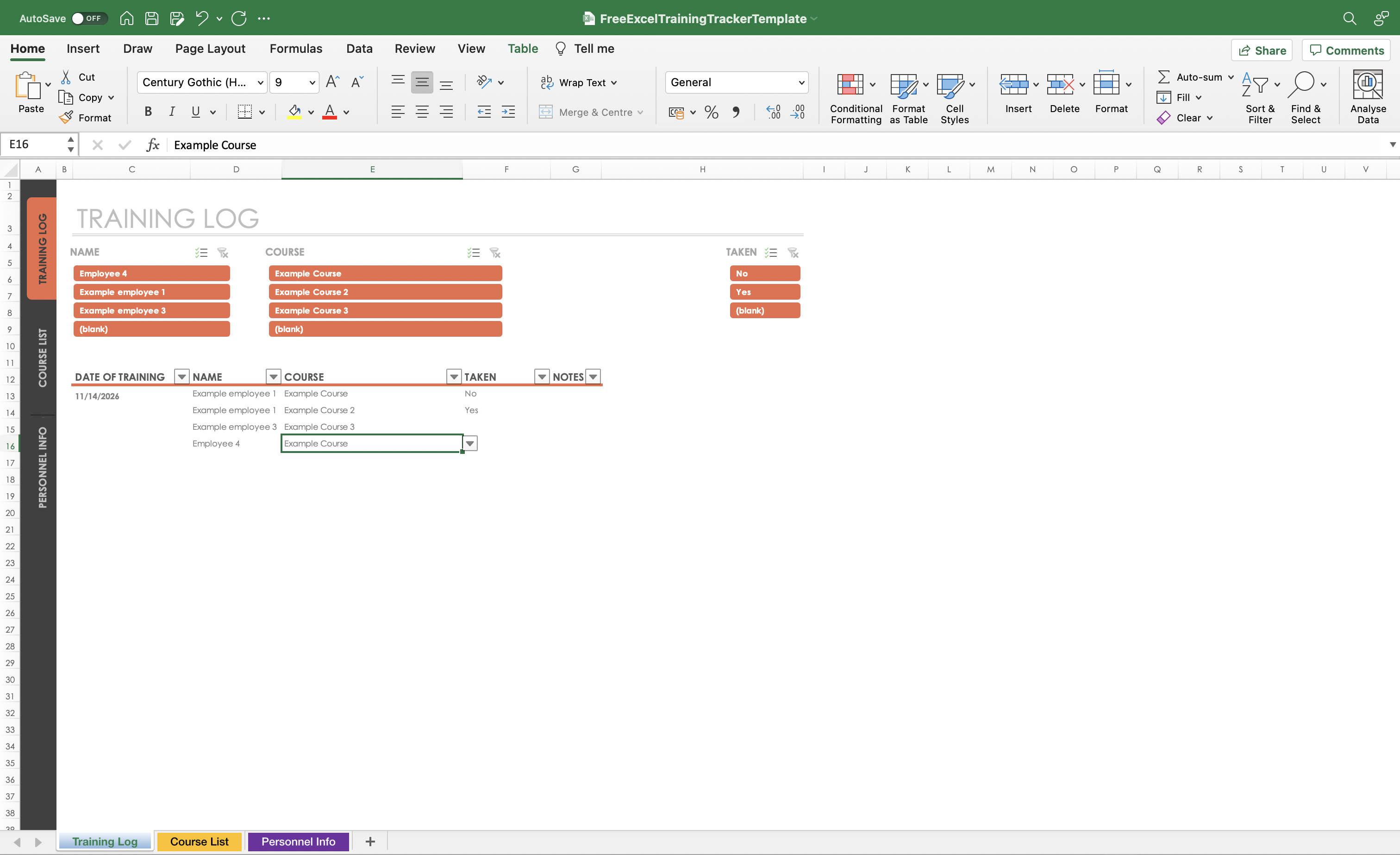 Training Tracker Excel Template